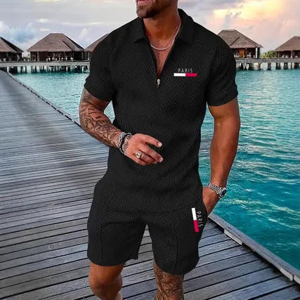 Men's retro plaid beach suit with PARIS heat transfer patch, short-sleeve T-shirt and shorts set in nine colours