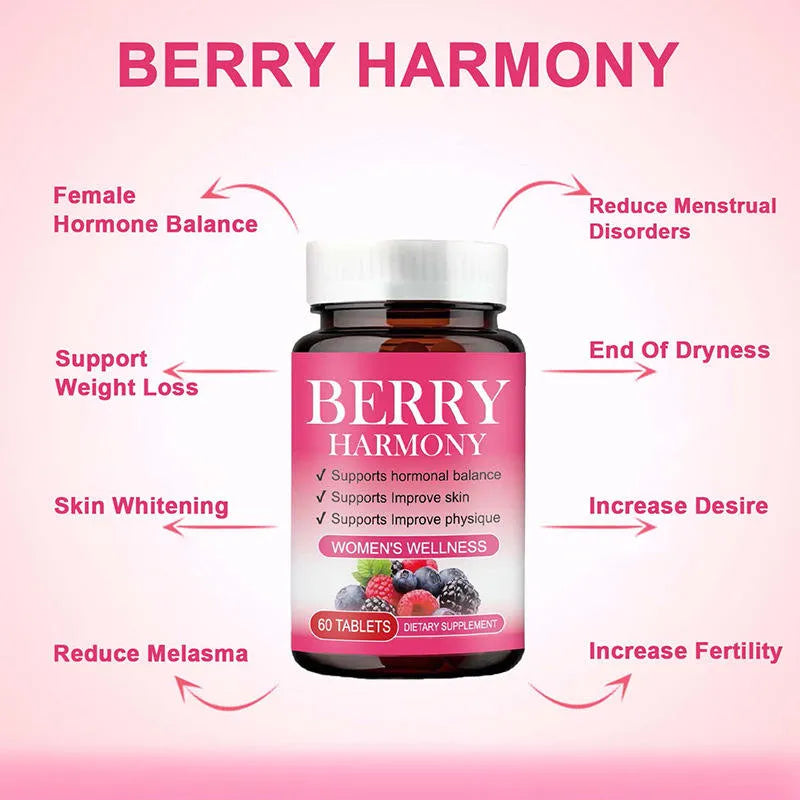 Berry Harmony Tablet bottle with 60 berry-flavoured tablets for hormonal balance, vitamins, calcium, and daily adult support