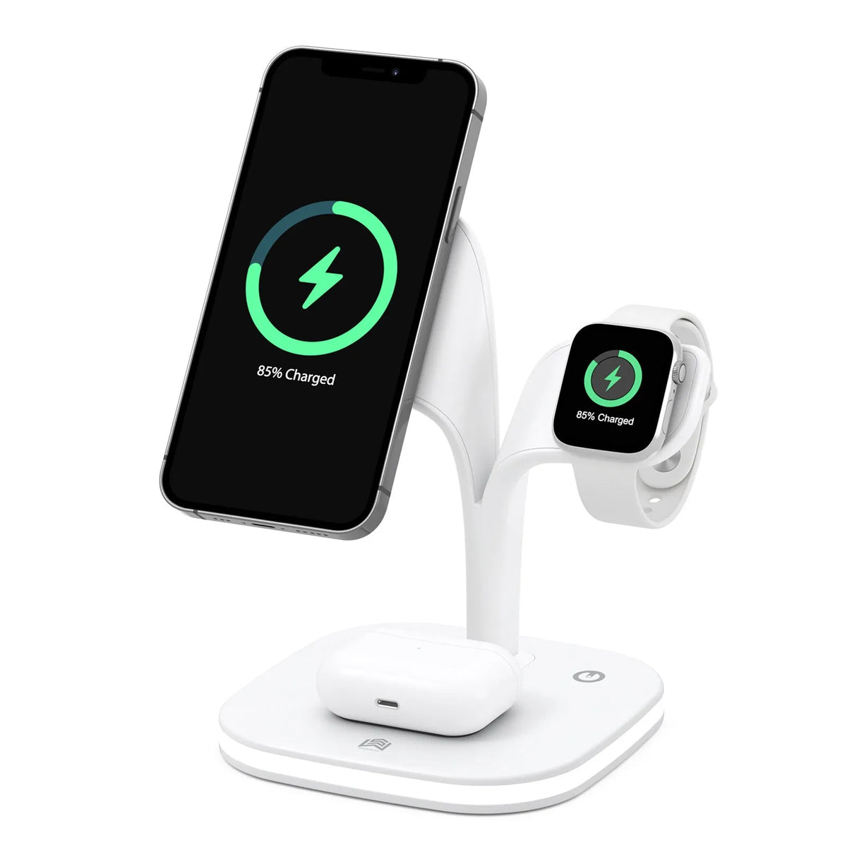 Black and white wireless charging station for phone, watch and headphones on a desk