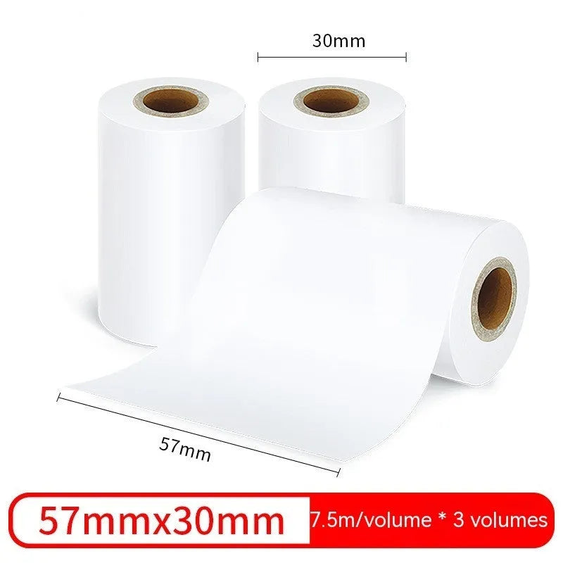 Three rolls of 57mm by 30mm thermal paper in an open box.
