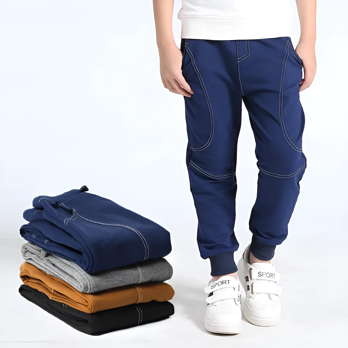 Boys' Korean-style sports trousers in black, elasticated waist, sizes 120cm to 160cm