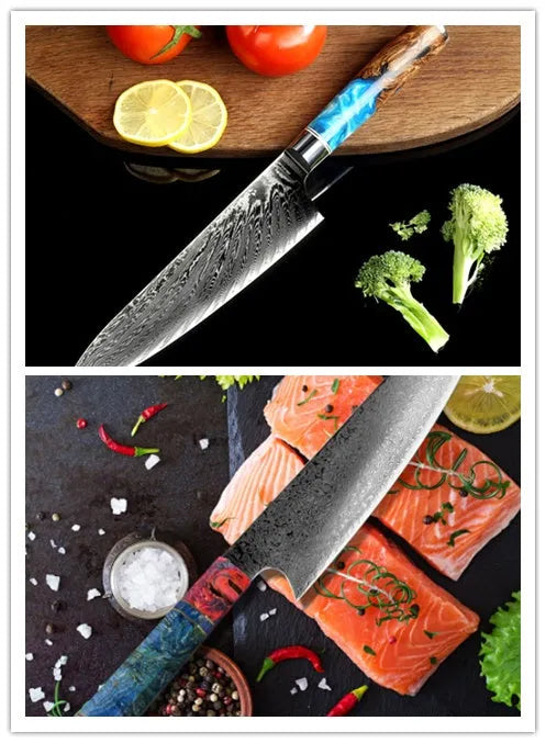 Eight-piece kitchen knife set with 4cr13mov steel blades and mixed wood and black handles arranged on a counter