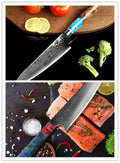 Eight-piece kitchen knife set with 4cr13mov steel blades and mixed wood and black handles arranged on a counter