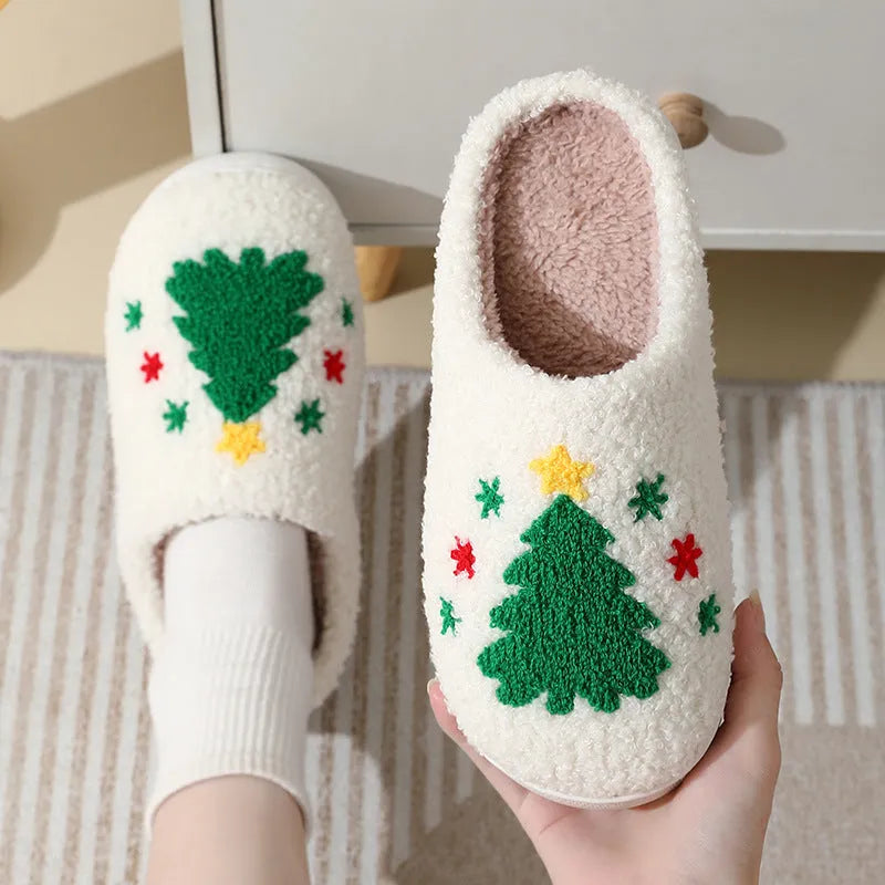Christmas home slippers with cartoon Santa Claus design, suede upper, and furry lining