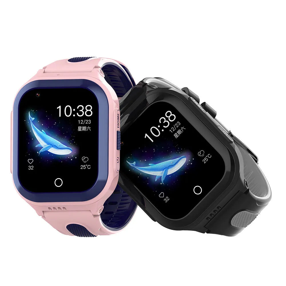 4G children's smart watch with video call, 1.4 inch touch screen, silicone strap, in black, blue, and pink