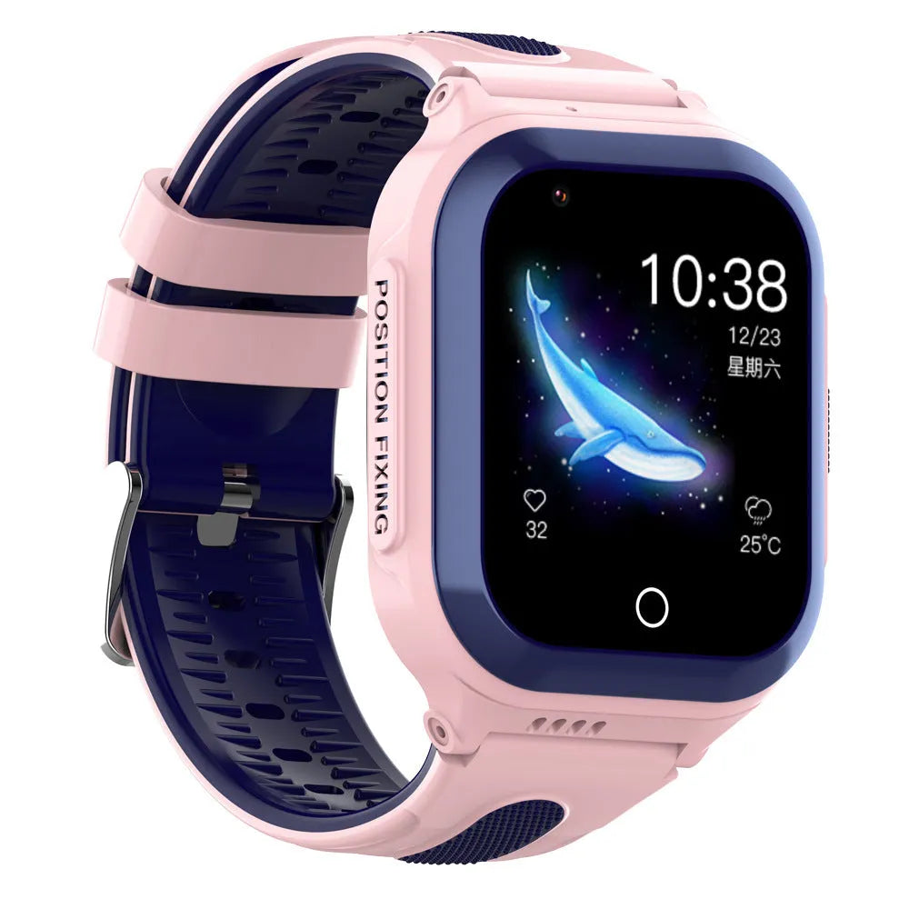 4G children's smart watch with video call, 1.4 inch touch screen, silicone strap, in black, blue, and pink