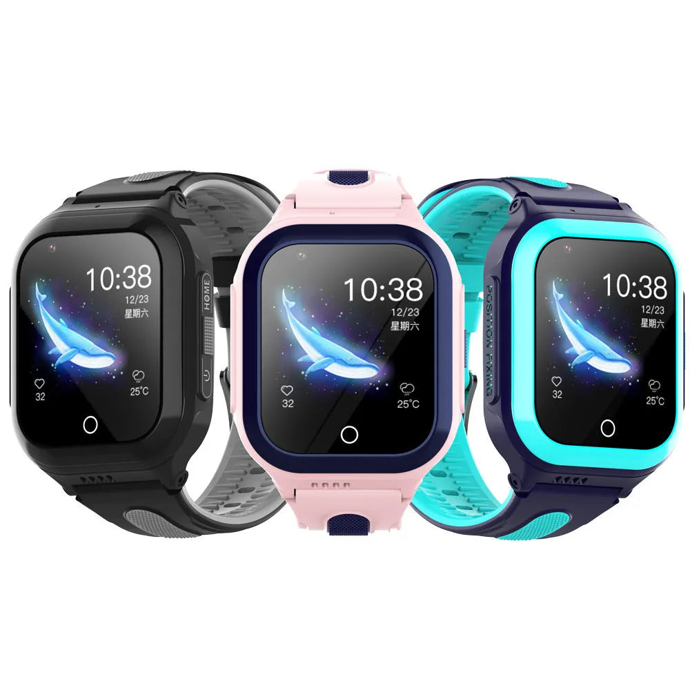 4G children's smart watch with video call, 1.4 inch touch screen, silicone strap, in black, blue, and pink