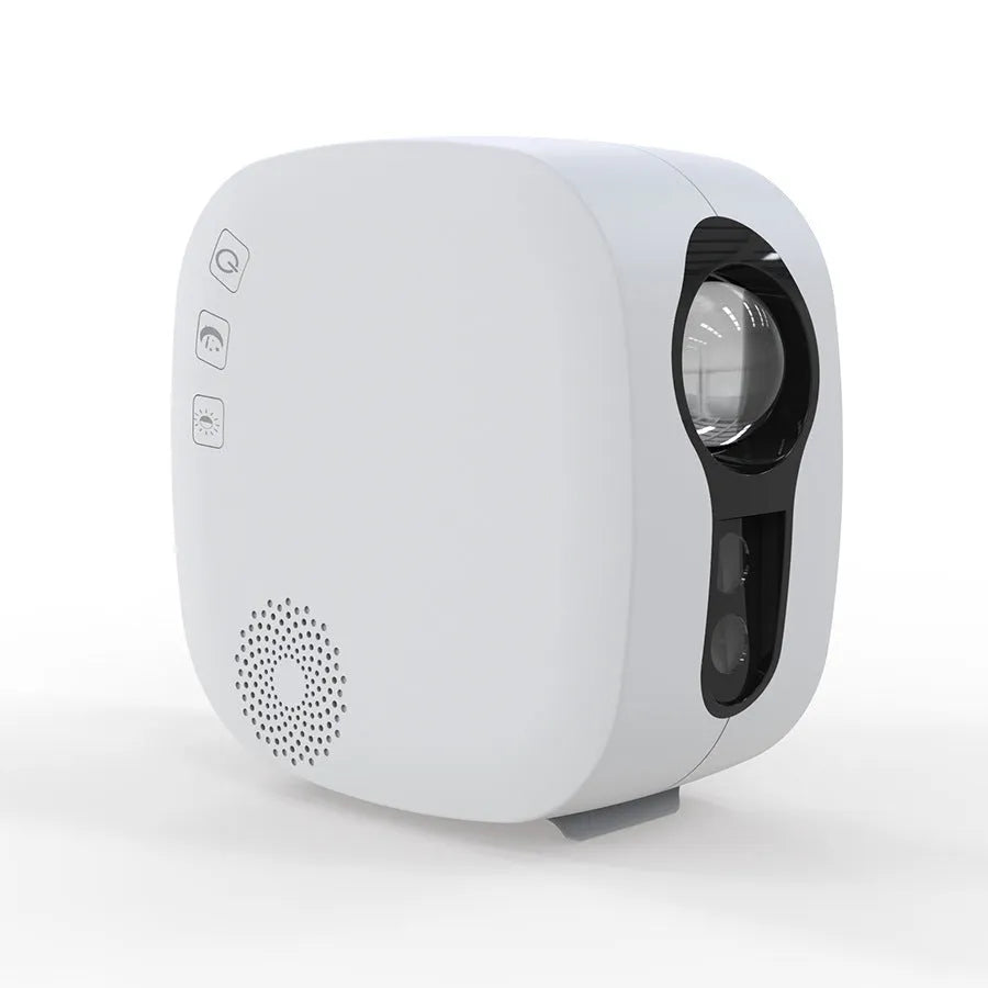 White laser star projector showing colourful nebula projection with Bluetooth music playing functionality