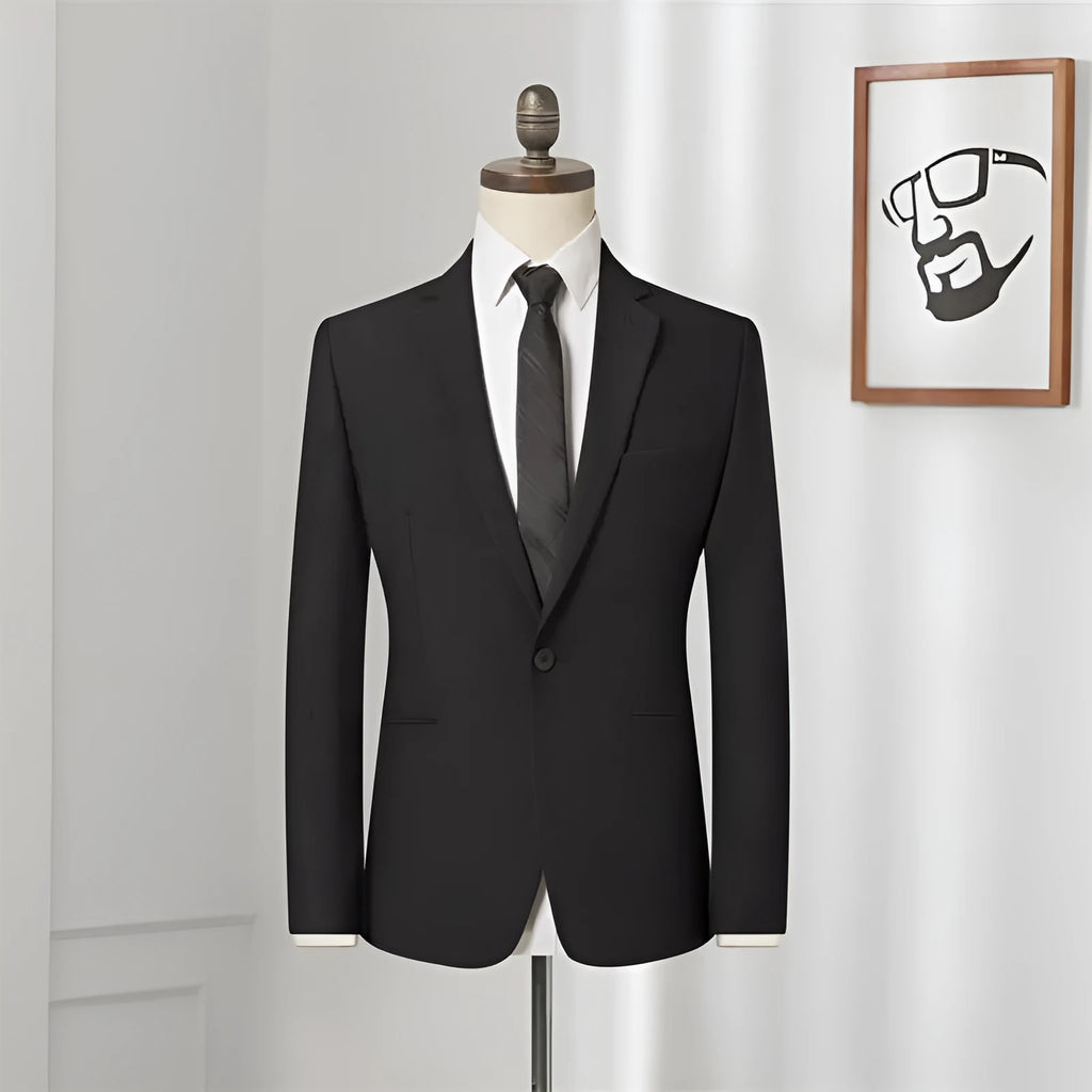 Men's slim fit black single-breasted business suit jacket with flat collar and back slit