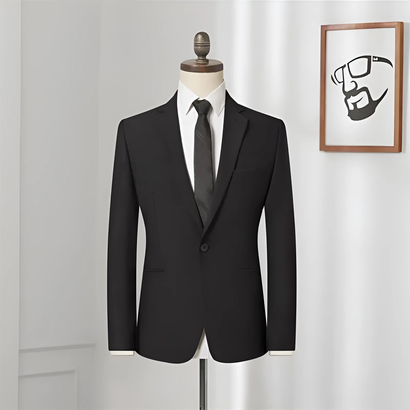 Men's slim fit black single-breasted business suit jacket with flat collar and back slit