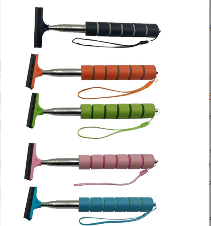 Retractable stainless steel car mirror wiper showing extended position with rubber blade