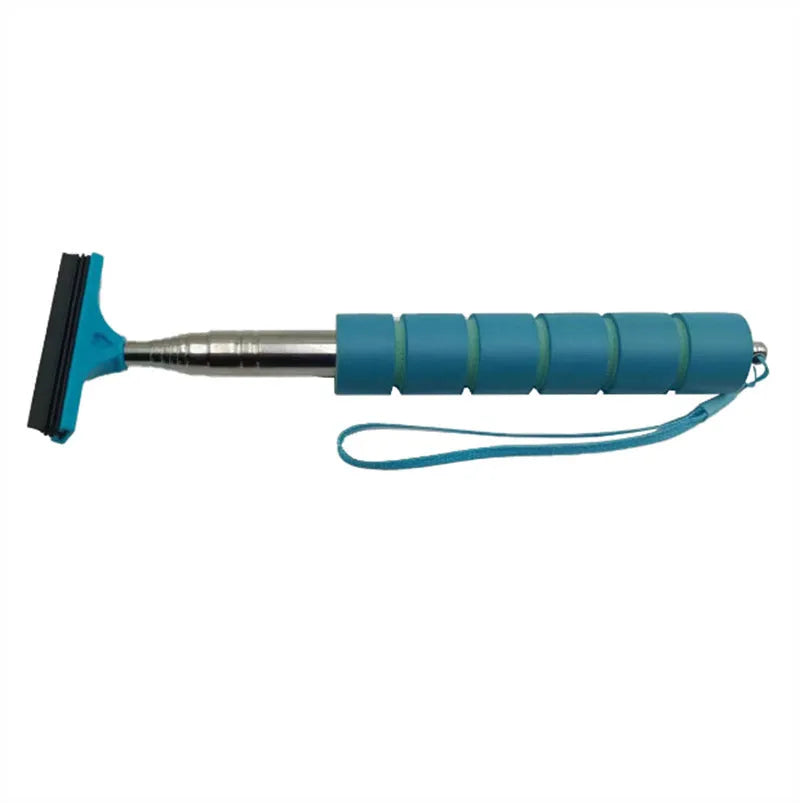 Retractable stainless steel car mirror wiper showing extended position with rubber blade