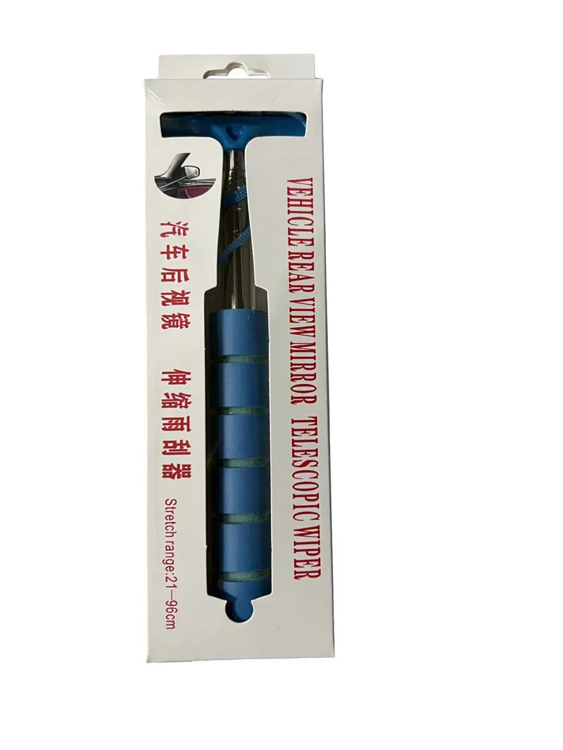 Retractable stainless steel car mirror wiper showing extended position with rubber blade