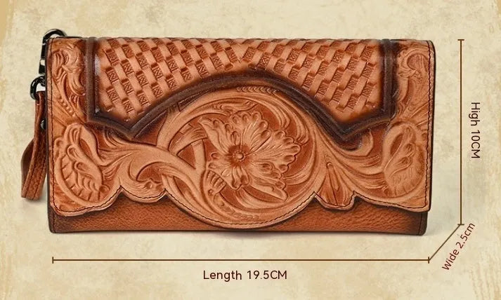 Chinese-style floral embossed tri-fold leather wallet in retro brown showing opened compartments