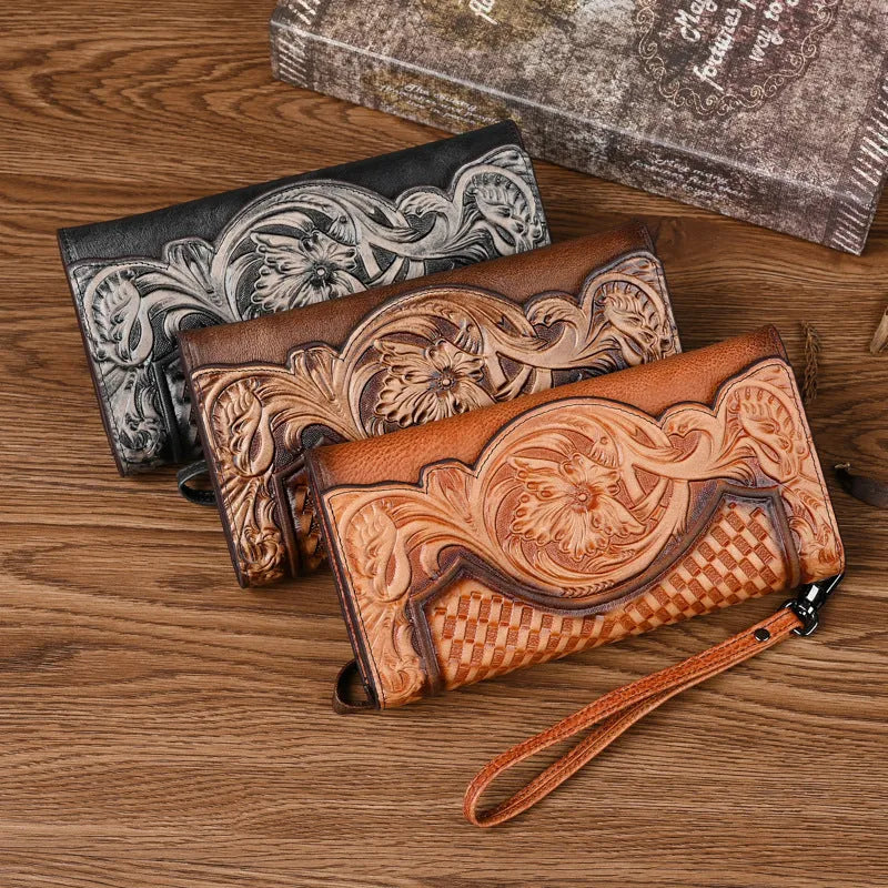 Chinese-style floral embossed tri-fold leather wallet in retro brown showing opened compartments