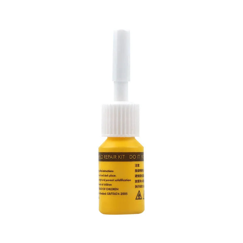 Yellow three-piece car windscreen repair kit with glass repair liquid and application tools