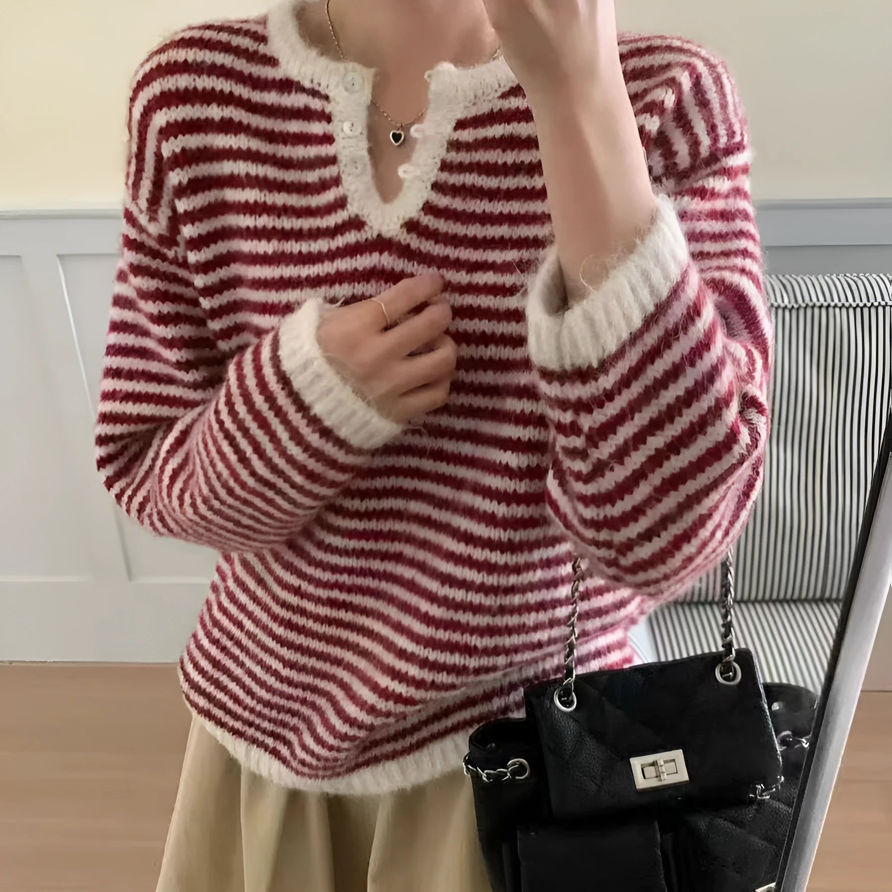 Red and blue striped retro cashmere pullover sweater for women, loose fit.