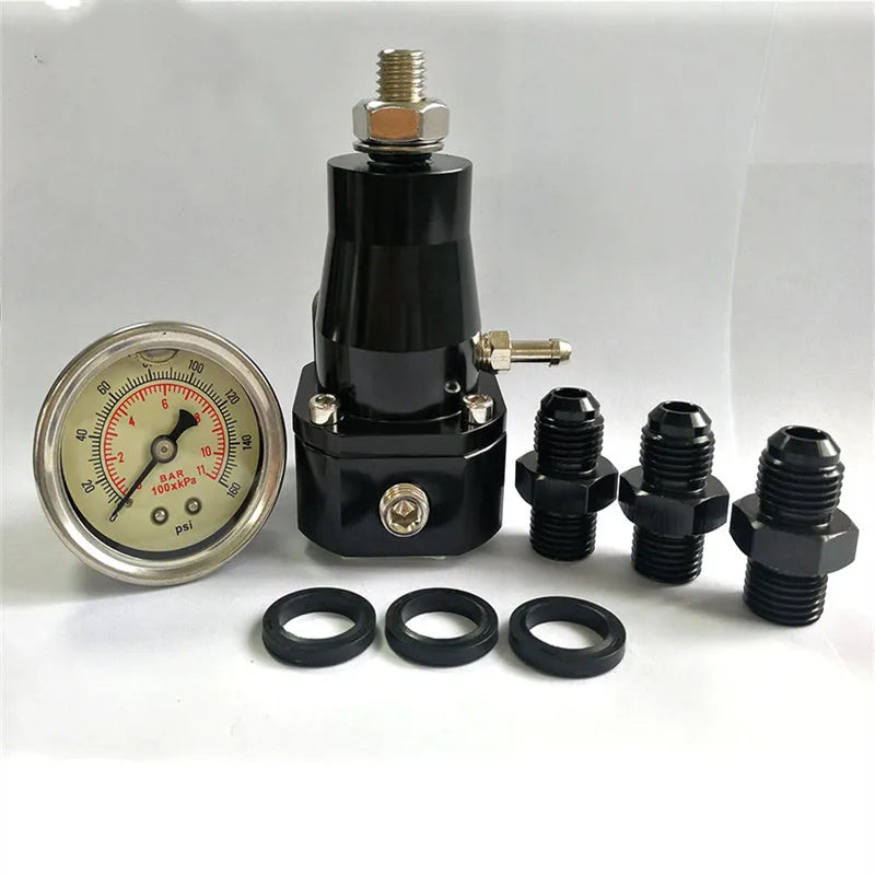Aluminium fuel pressure regulator with adjustable pressure gauge and mounting oil strap