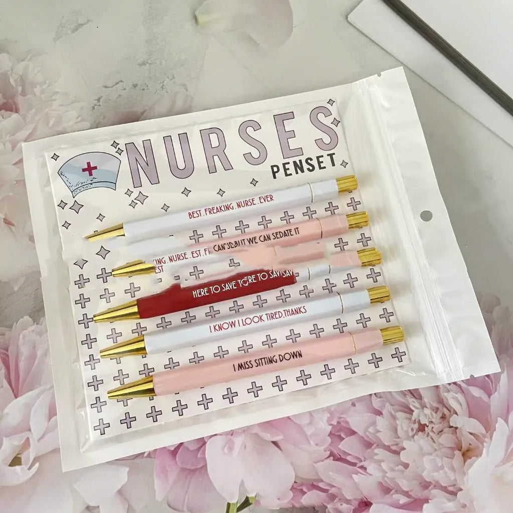 Five nurse-themed retractable ballpoint pens displayed together
