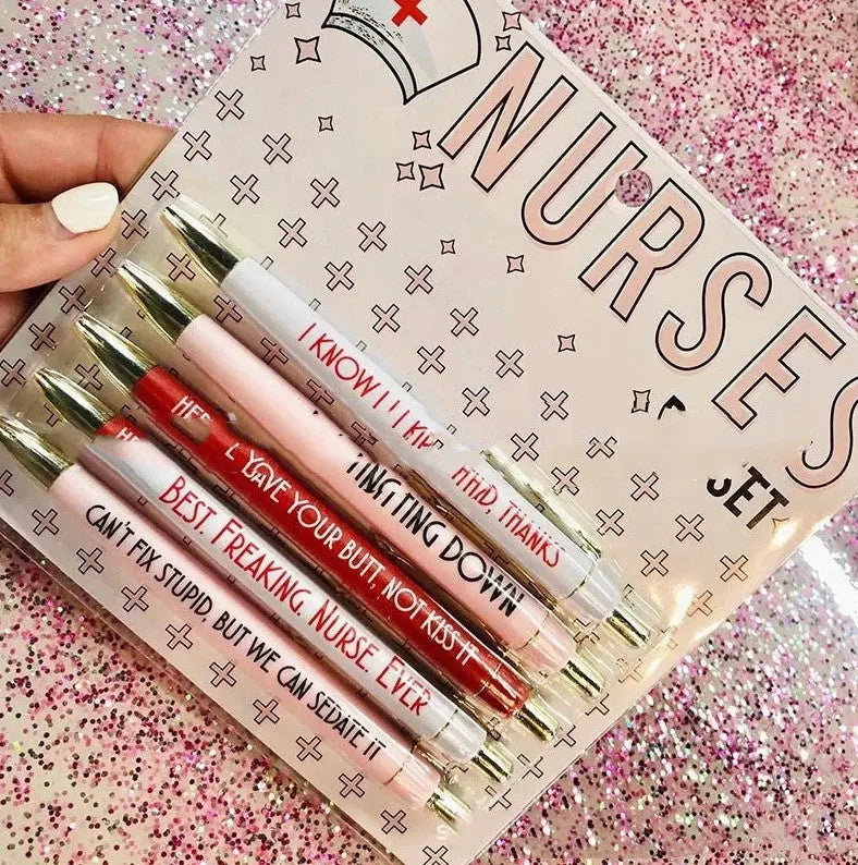 Five nurse-themed retractable ballpoint pens displayed together