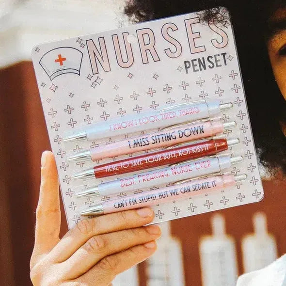 Five nurse-themed retractable ballpoint pens displayed together