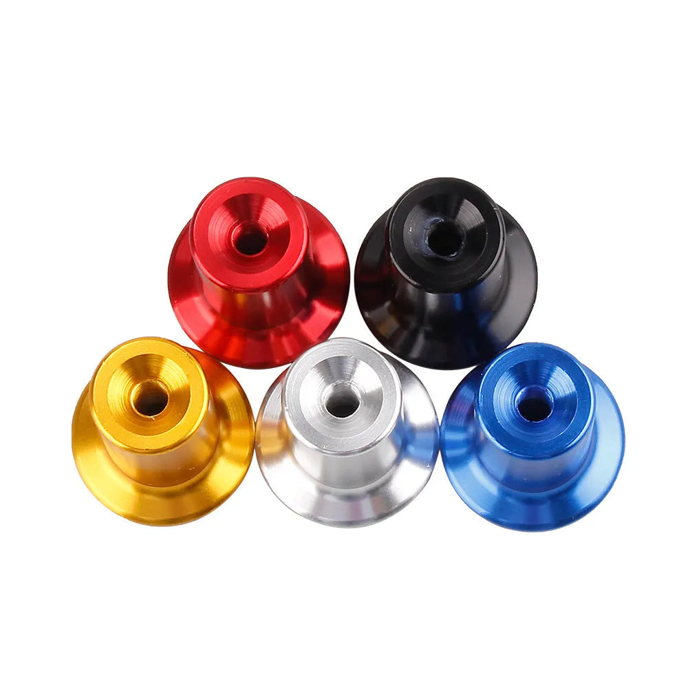 Aluminium alloy handbrake button cap for car modification in gold, silver, black, blue, and red colour options.