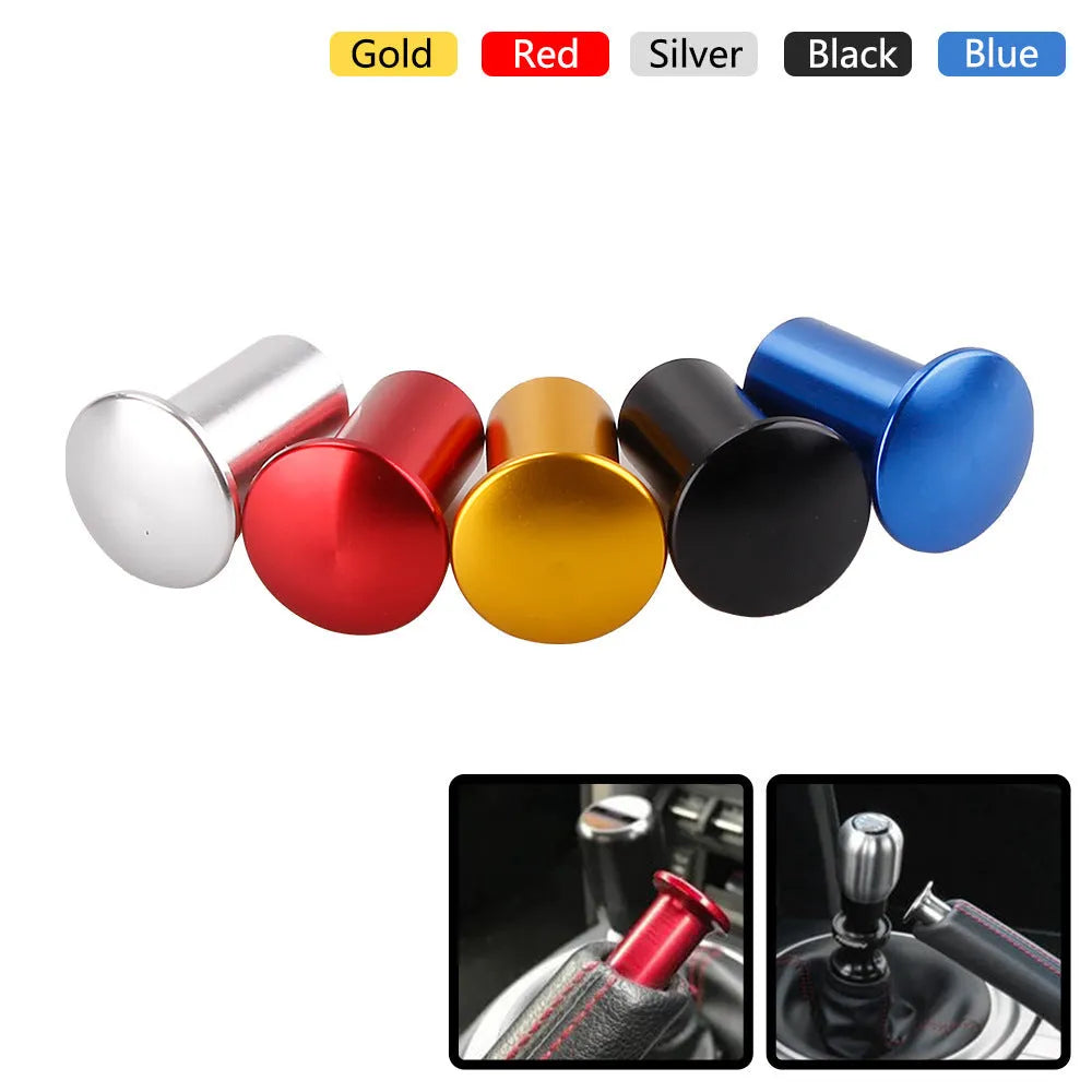 Aluminium alloy handbrake button cap for car modification in gold, silver, black, blue, and red colour options.