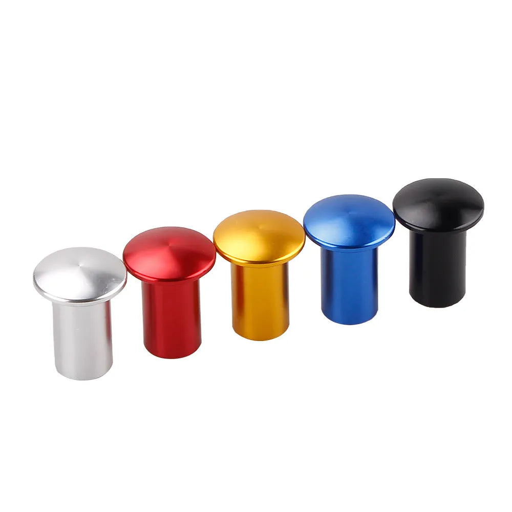 Aluminium alloy handbrake button cap for car modification in gold, silver, black, blue, and red colour options.