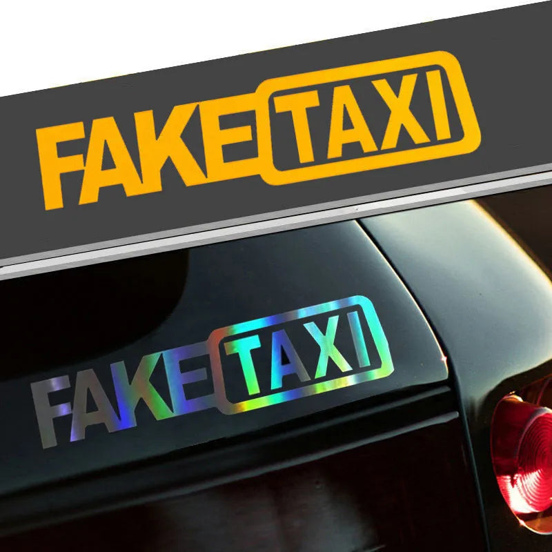 FAKE TAXI car sticker in black on white background showing 20x8cm waterproof PET decal