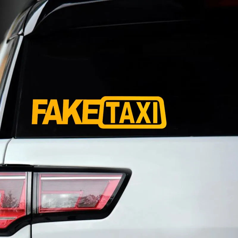 FAKE TAXI car sticker in black on white background showing 20x8cm waterproof PET decal