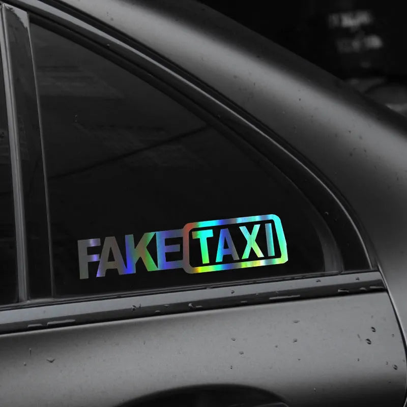 FAKE TAXI car sticker in black on white background showing 20x8cm waterproof PET decal