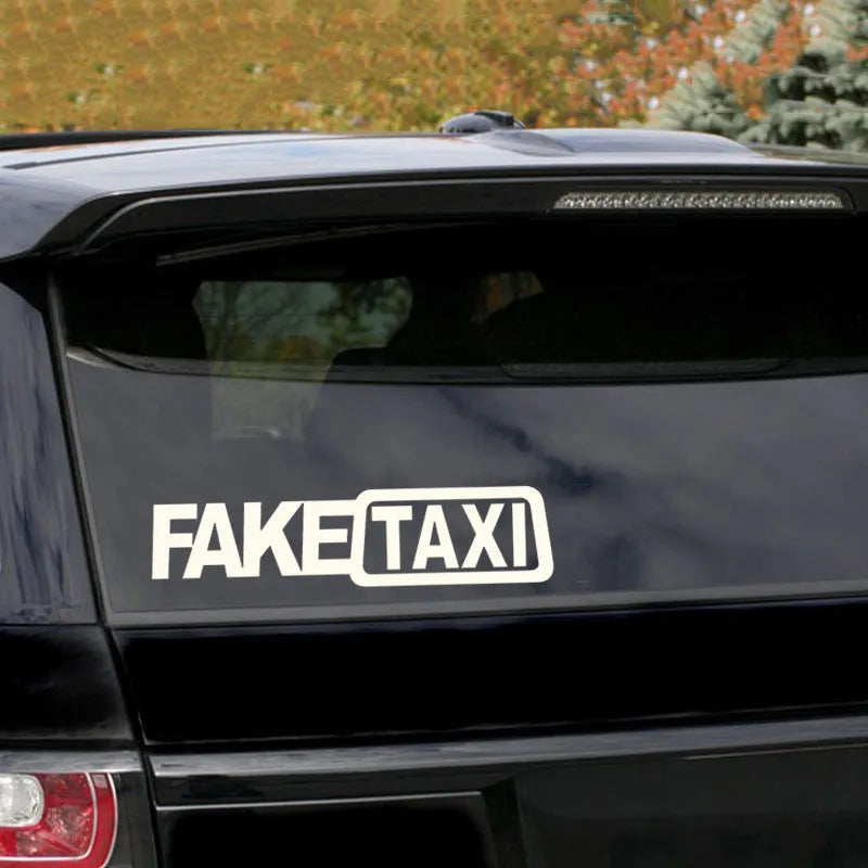 FAKE TAXI car sticker in black on white background showing 20x8cm waterproof PET decal
