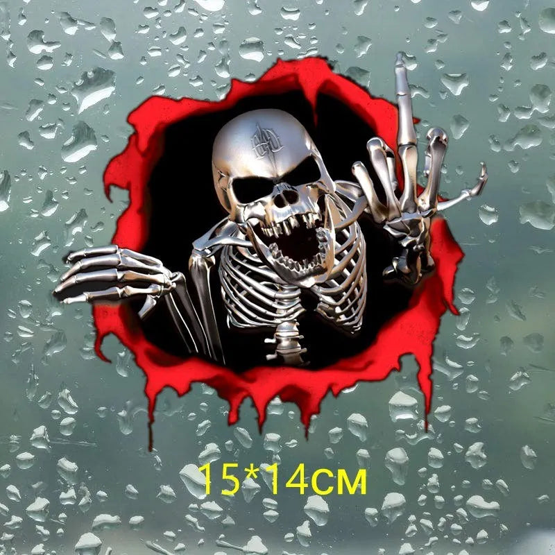 Colourful reflective metal skull bumper sticker with broken shell design measuring 15 by 14 centimetres
