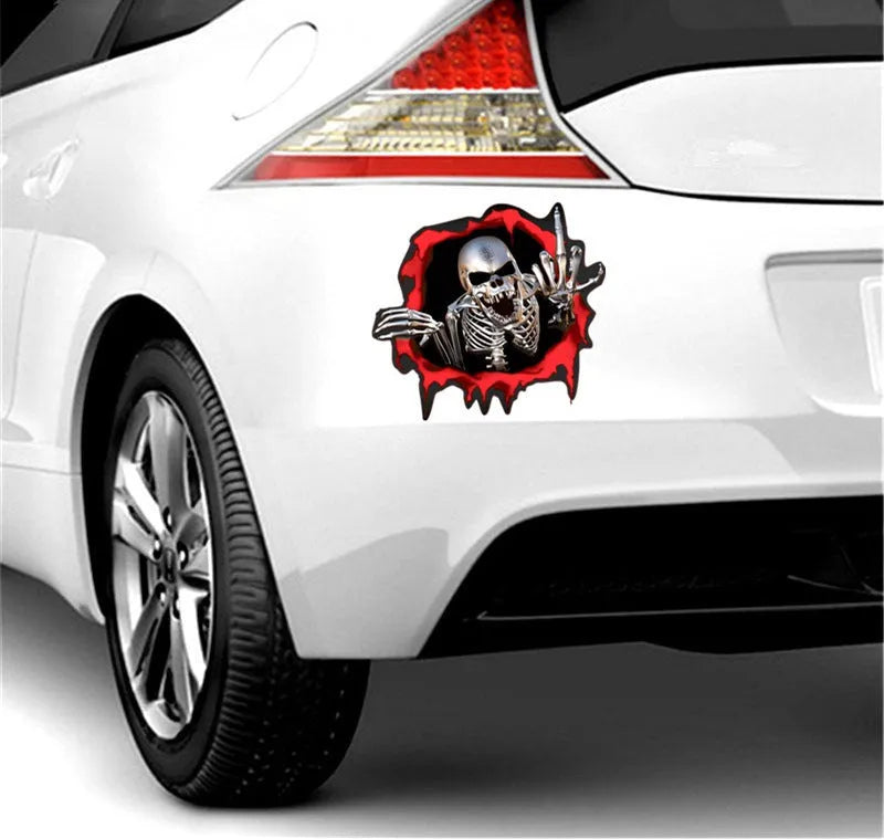 Colourful reflective metal skull bumper sticker with broken shell design measuring 15 by 14 centimetres