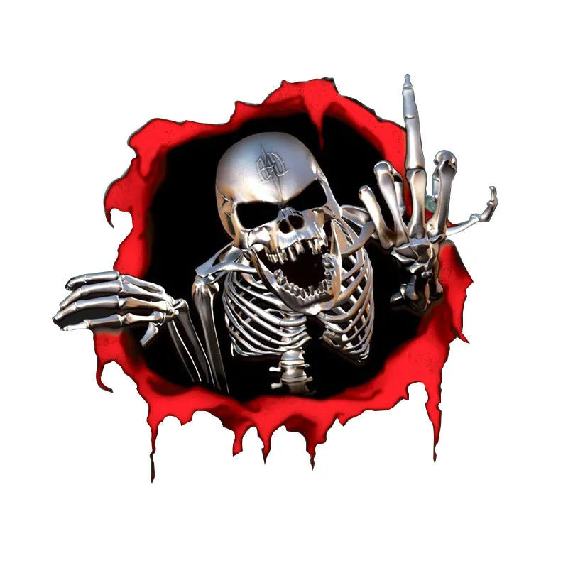 Colourful reflective metal skull bumper sticker with broken shell design measuring 15 by 14 centimetres