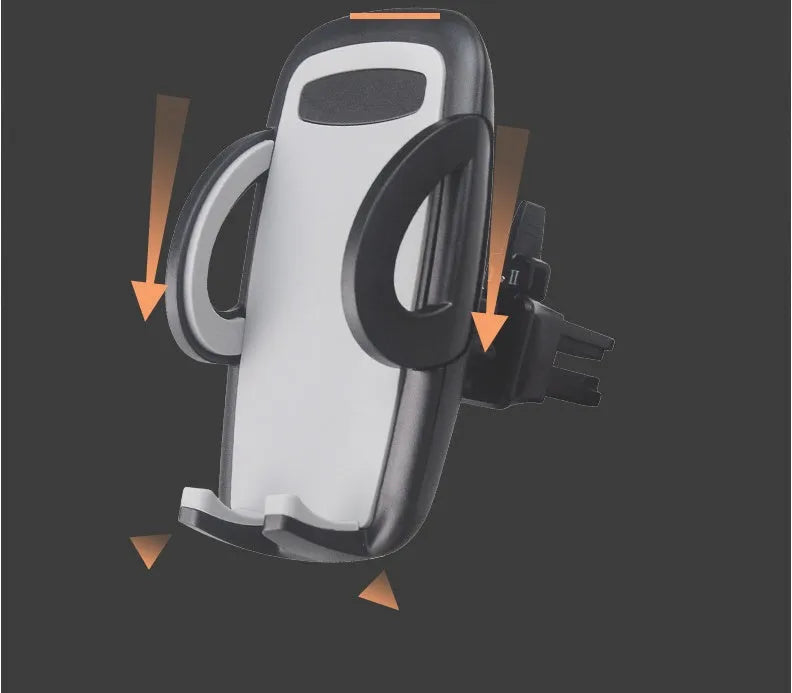 Universal black plastic car air vent mobile phone holder mounted on a car dashboard.