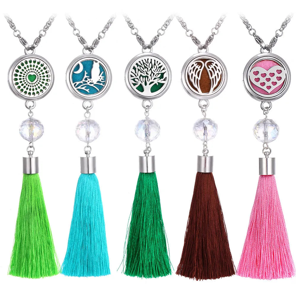 Silver alloy tassel car pendant on a chain with coloured scent cotton pads for essential oils.