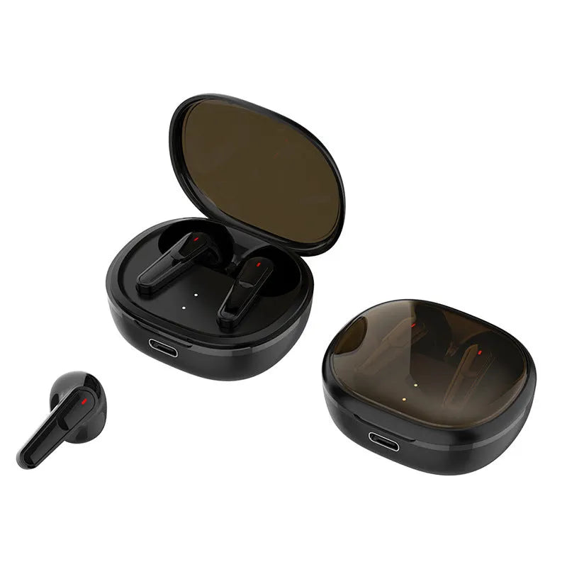 Black Bluetooth earbuds with noise reduction and low-latency mode for e-sports