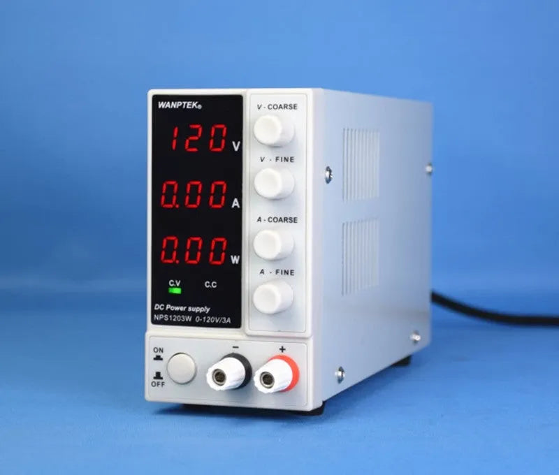 White NPS605W adjustable DC laboratory power supply with voltage and current controls for electronics repair.