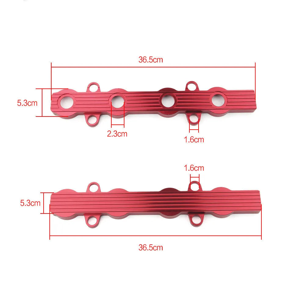 Aluminium alloy engine wiring harness housing cover in blue, red, and silver finishes.