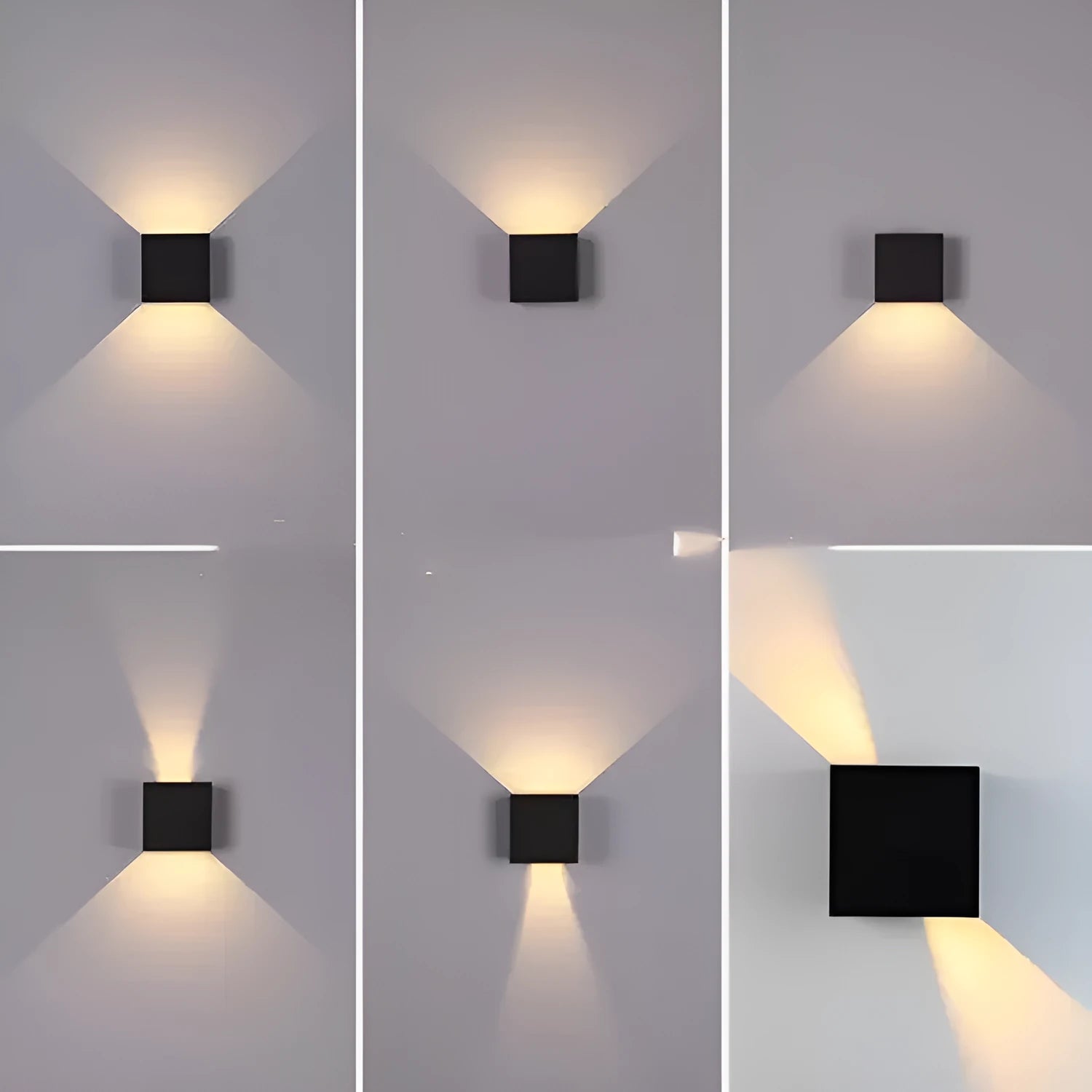 Square aluminium alloy wall lamp in black, mounted on a wall, showcasing its compact design and 360-degree light output.