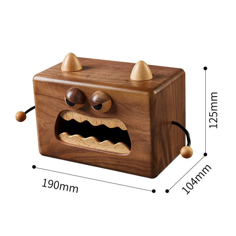Cartoon little monster wooden tissue box in beech wood measuring 190x104x125mm