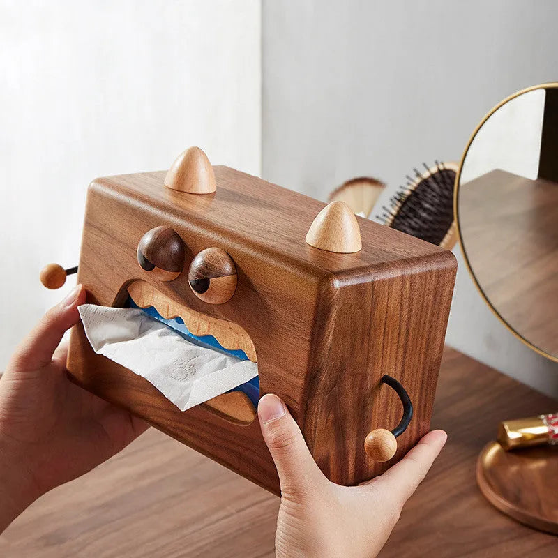 Cartoon little monster wooden tissue box in beech wood measuring 190x104x125mm