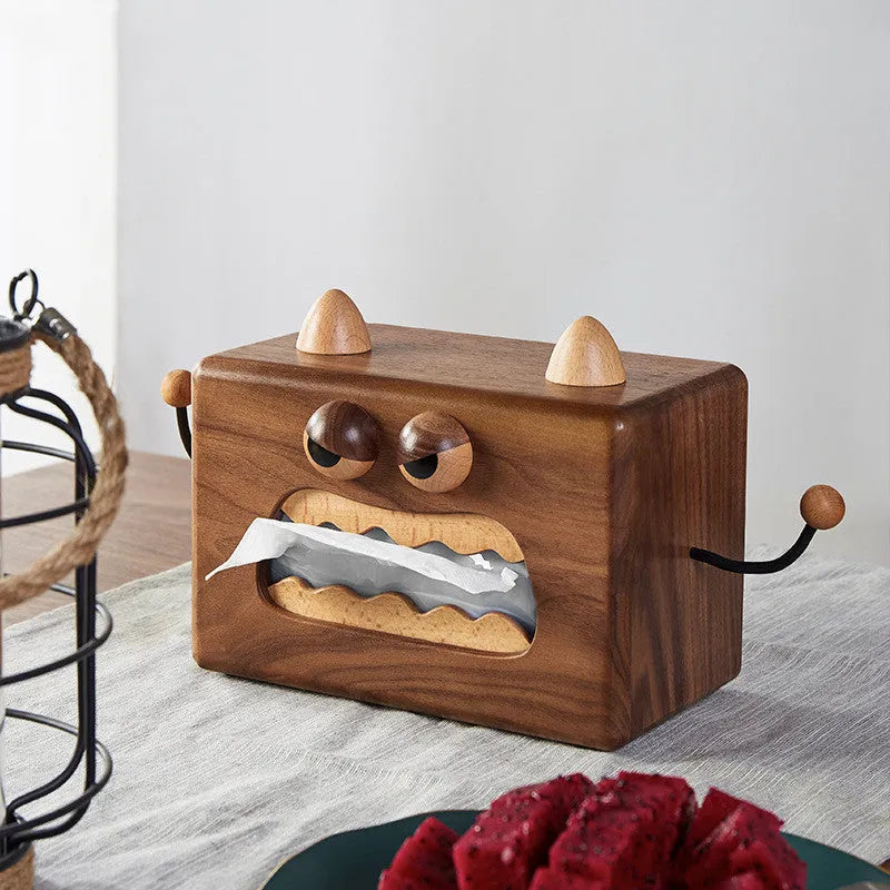 Cartoon little monster wooden tissue box in beech wood measuring 190x104x125mm
