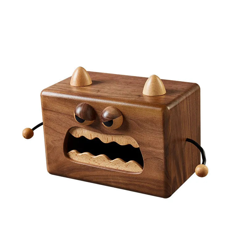 Cartoon little monster wooden tissue box in beech wood measuring 190x104x125mm