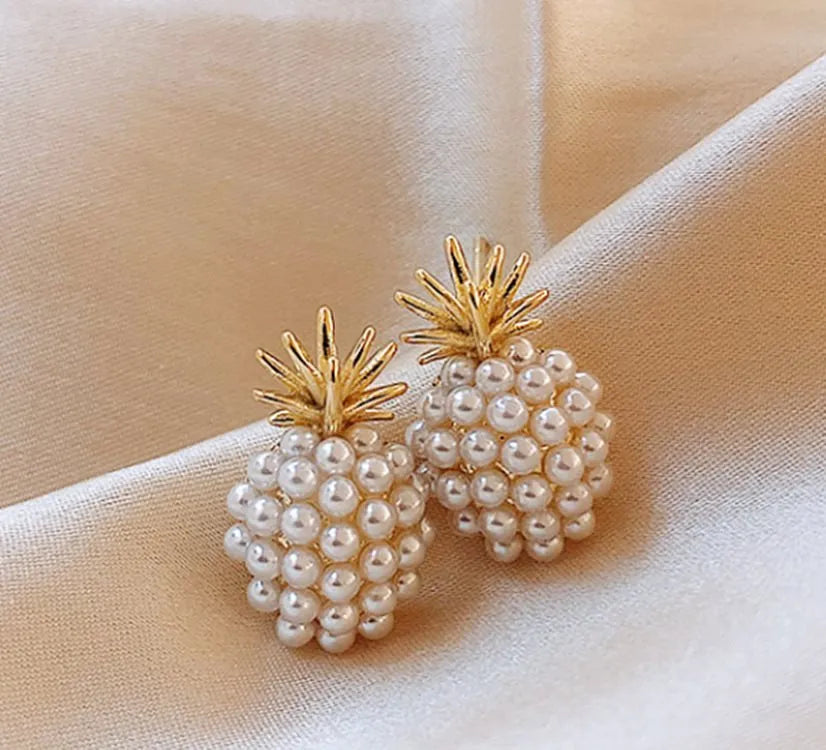 Korean style women's fruit-themed earrings in alloy with electroplated gold, silver, pearl flower, and starfish pearl finishes.