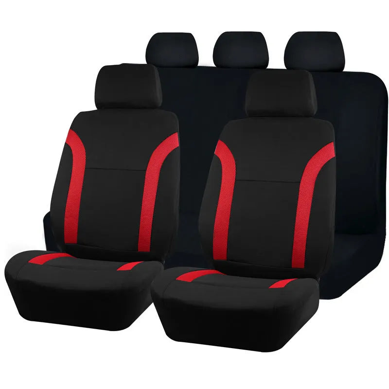 Polyester universal car seat cover with eyelet stitching in blue, showing sponge backing and dimensions.