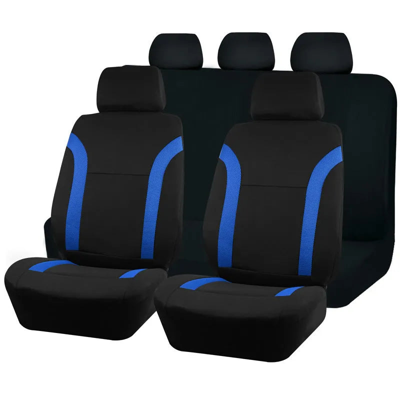 Polyester universal car seat cover with eyelet stitching in blue, showing sponge backing and dimensions.