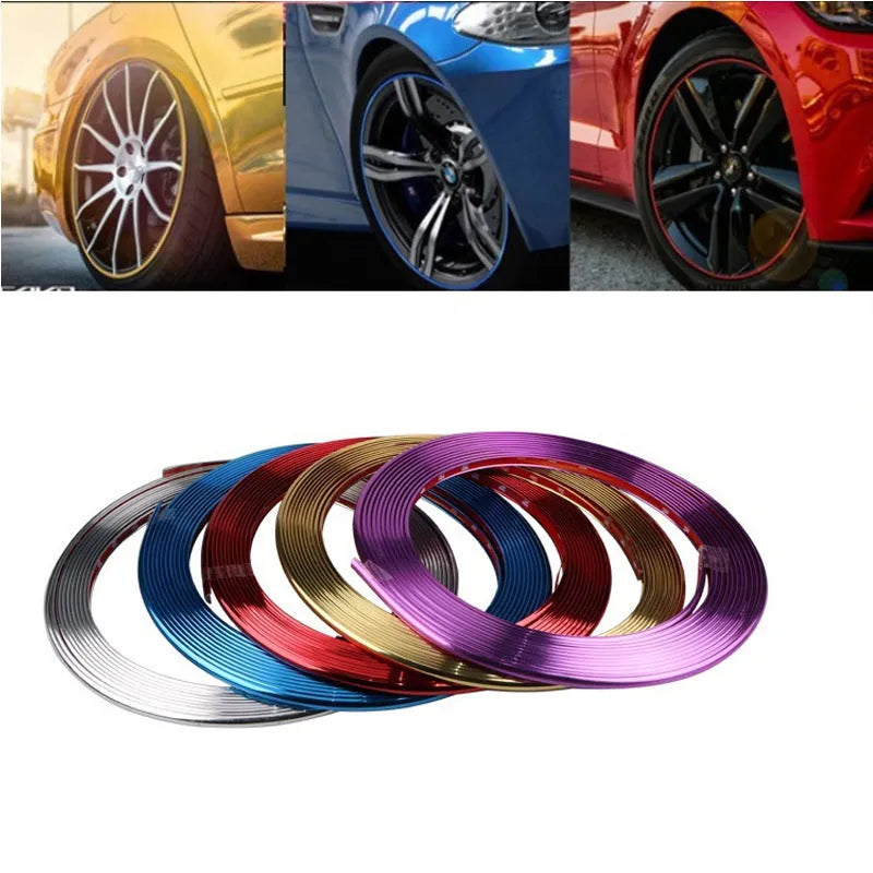 Galvanised purple PVC wheel hub trim on car wheel showing decorative application