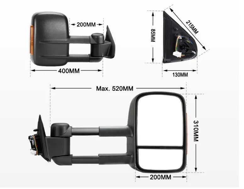 Black electric exterior rear view mirror for Nissan NP300 D23 with integrated light.